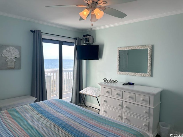 bedroom with ceiling fan and ornamental molding