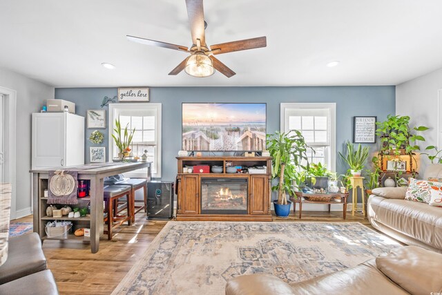 living room featuring light wood-type flooring and ceiling fan