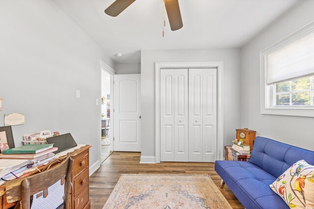 office space with ceiling fan and hardwood / wood-style flooring