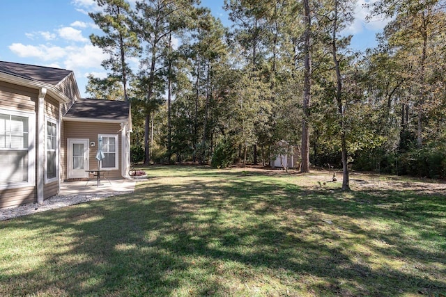 view of yard with a patio area and a storage unit