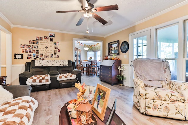 living room with a textured ceiling, light hardwood / wood-style flooring, and ornamental molding