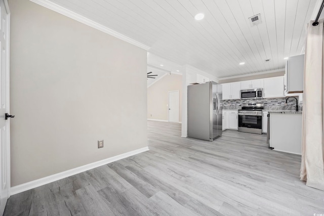 kitchen featuring appliances with stainless steel finishes, tasteful backsplash, ceiling fan, white cabinets, and light hardwood / wood-style floors