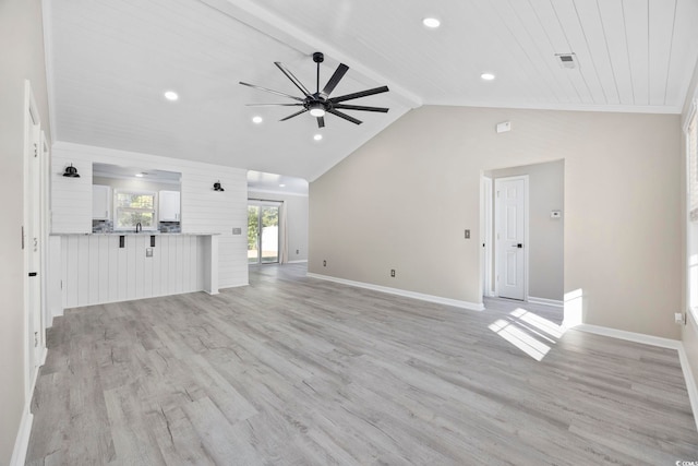 unfurnished living room featuring light wood-type flooring, high vaulted ceiling, and ceiling fan