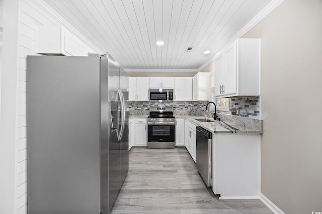 kitchen featuring sink, white cabinets, stainless steel appliances, and light hardwood / wood-style floors