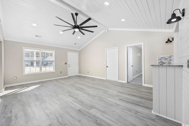 unfurnished living room with light wood-type flooring, lofted ceiling with beams, ceiling fan, and wooden ceiling