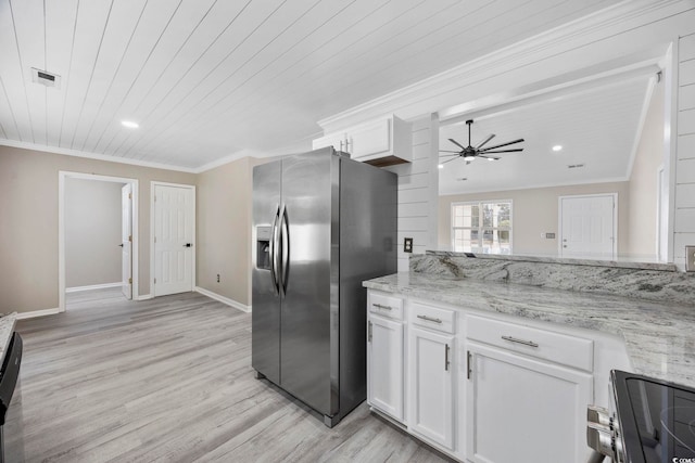 kitchen with ceiling fan, white cabinets, stainless steel appliances, and light wood-type flooring