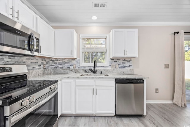 kitchen featuring white cabinets, stainless steel appliances, plenty of natural light, and sink