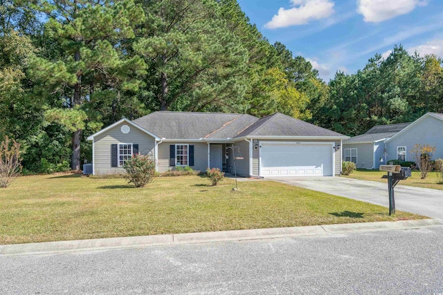 single story home with a front yard, a garage, and central AC unit