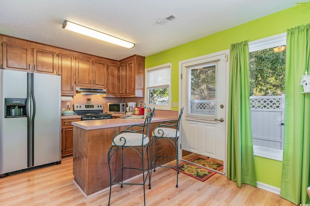 kitchen featuring light wood-type flooring, appliances with stainless steel finishes, a wealth of natural light, and kitchen peninsula