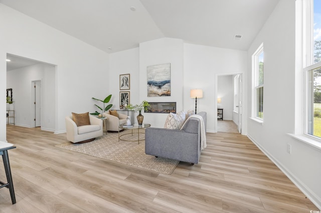 living room with vaulted ceiling and light wood-type flooring