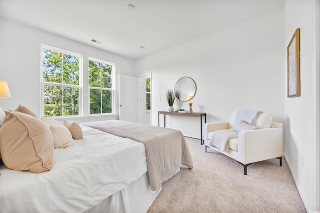 bedroom with light colored carpet