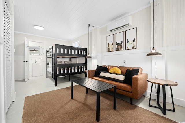 bedroom with an AC wall unit, ornamental molding, and wooden ceiling