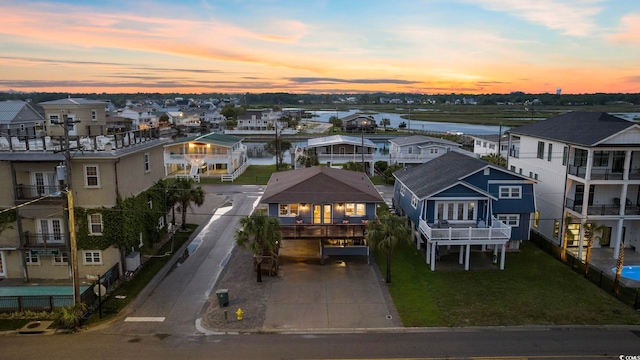 view of aerial view at dusk