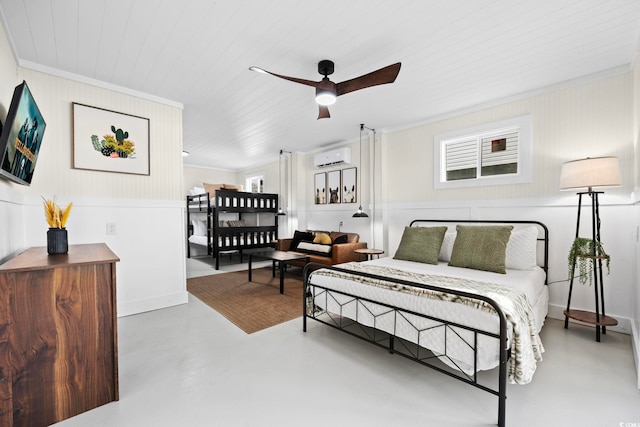 bedroom with wood ceiling, ornamental molding, a wall mounted AC, and ceiling fan