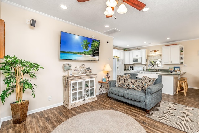 living room featuring dark wood-type flooring, ornamental molding, sink, a textured ceiling, and ceiling fan