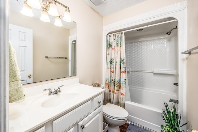 full bathroom with toilet, a textured ceiling, vanity, and shower / bathtub combination with curtain