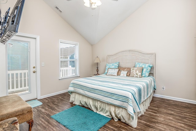 bedroom with high vaulted ceiling, dark wood-type flooring, and ceiling fan