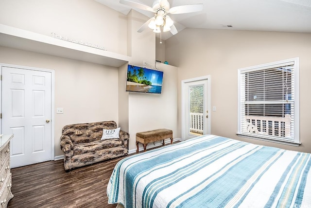 bedroom with vaulted ceiling, dark hardwood / wood-style floors, access to outside, and ceiling fan