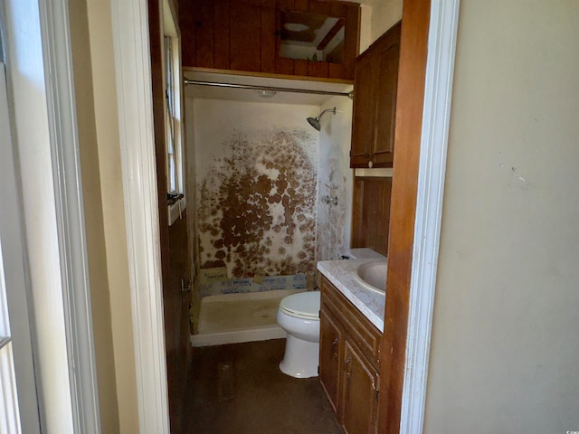 bathroom featuring vanity, toilet, and a shower