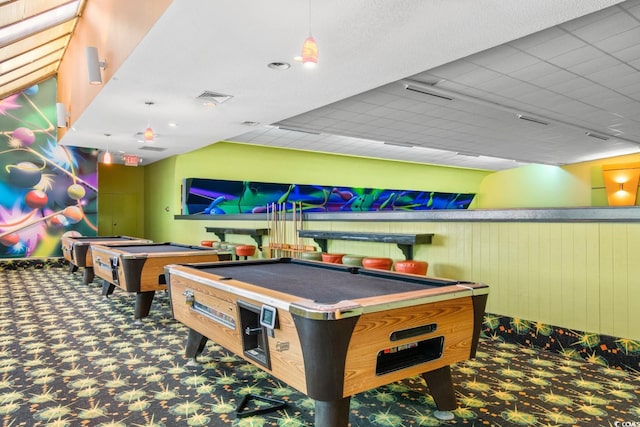 playroom with billiards and dark carpet