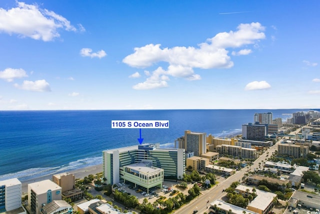 bird's eye view with a water view and a view of the beach