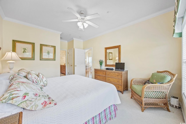 carpeted bedroom featuring connected bathroom, crown molding, and ceiling fan