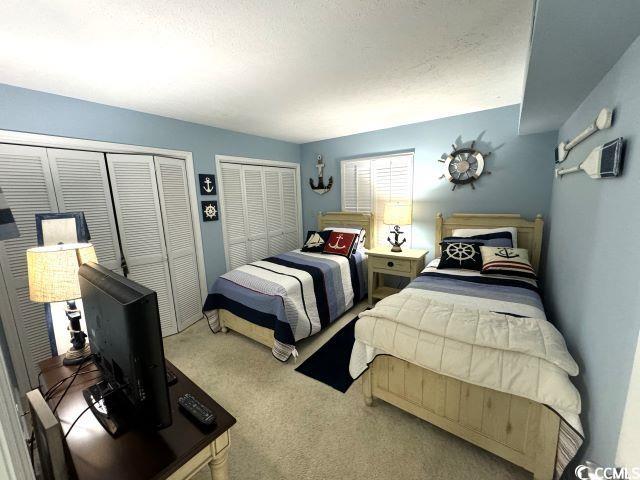 bedroom with carpet floors and multiple closets