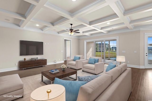 living room featuring coffered ceiling, ceiling fan, and beam ceiling