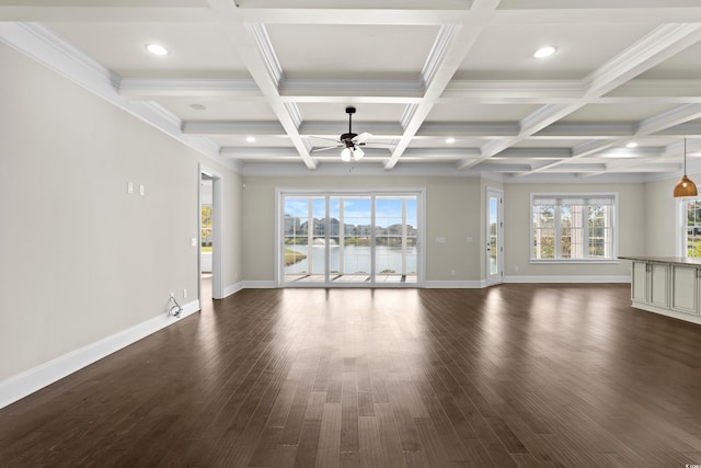 unfurnished living room with coffered ceiling, beam ceiling, and a wealth of natural light