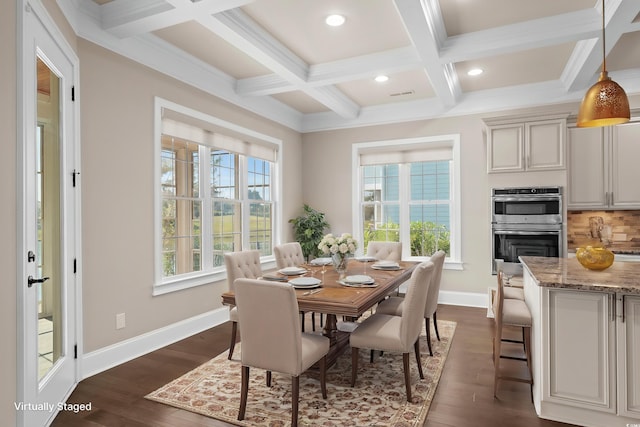 dining space featuring coffered ceiling, dark wood-type flooring, ornamental molding, and beamed ceiling