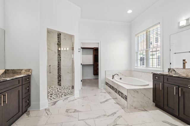 bathroom with independent shower and bath, crown molding, and vanity