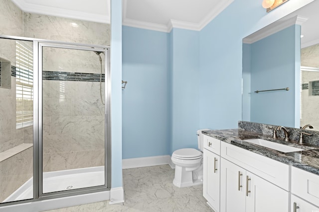 bathroom with toilet, an enclosed shower, ornamental molding, and vanity