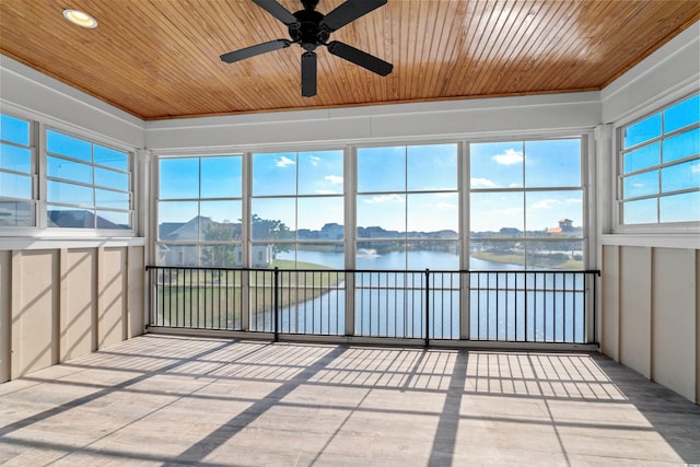 unfurnished sunroom featuring a water view, wooden ceiling, and plenty of natural light