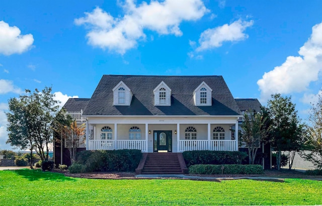 view of front of home with covered porch and a front yard