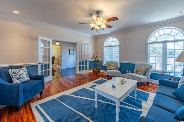 living room with french doors, wood-type flooring, and a wealth of natural light