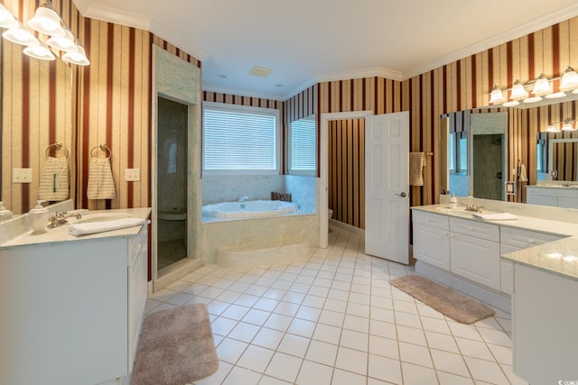 bathroom featuring vanity, ornamental molding, shower with separate bathtub, and tile patterned flooring