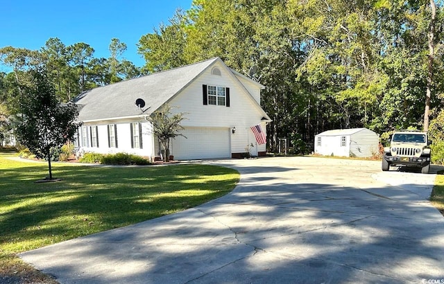 view of property exterior with a garage and a lawn