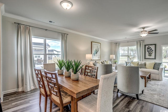 dining space with hardwood / wood-style flooring, ceiling fan, and ornamental molding