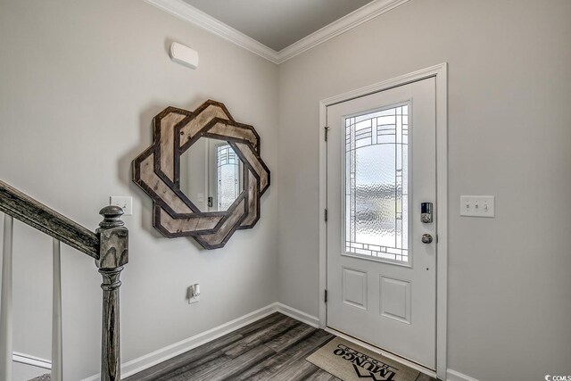 entryway featuring dark wood-type flooring and crown molding