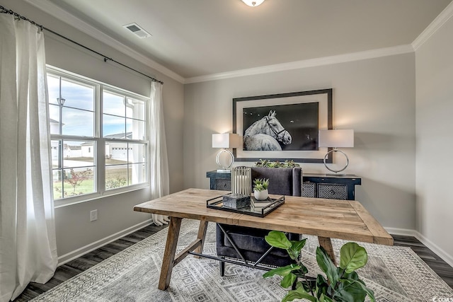 office space with dark hardwood / wood-style flooring and crown molding