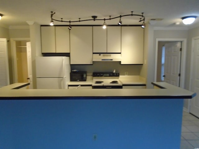 kitchen with crown molding, a center island, light tile patterned floors, white fridge, and range with electric cooktop