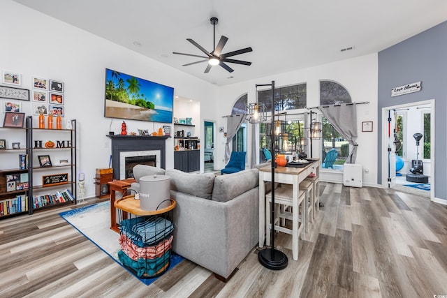 living room featuring light hardwood / wood-style flooring and ceiling fan with notable chandelier