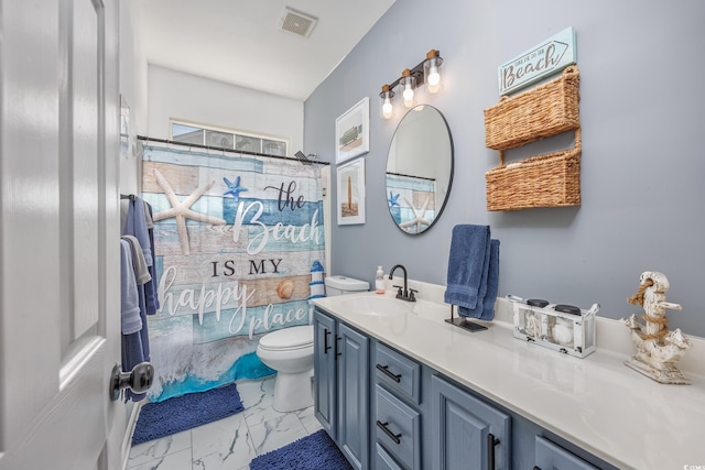 bathroom with toilet, curtained shower, and vanity