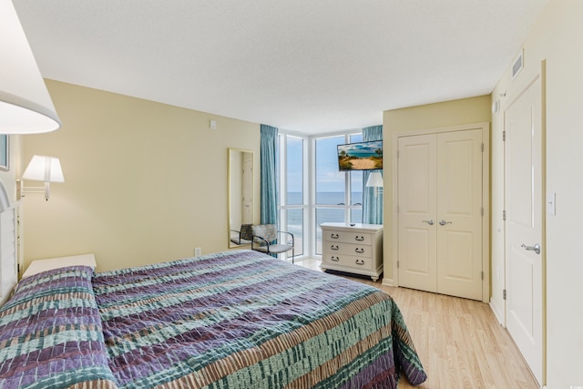 bedroom featuring expansive windows, a closet, and light wood-type flooring