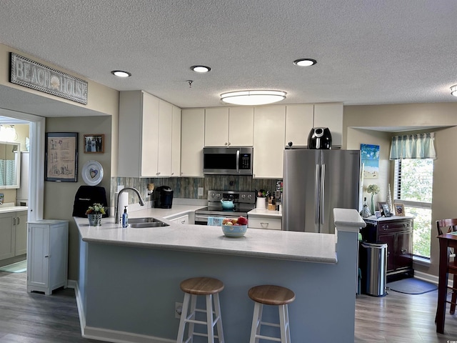 kitchen with wood finished floors, stainless steel appliances, backsplash, a sink, and a peninsula