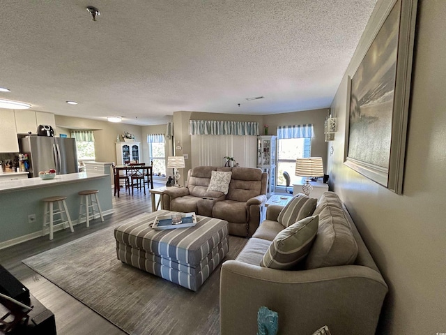 living room with baseboards, wood finished floors, and a textured ceiling