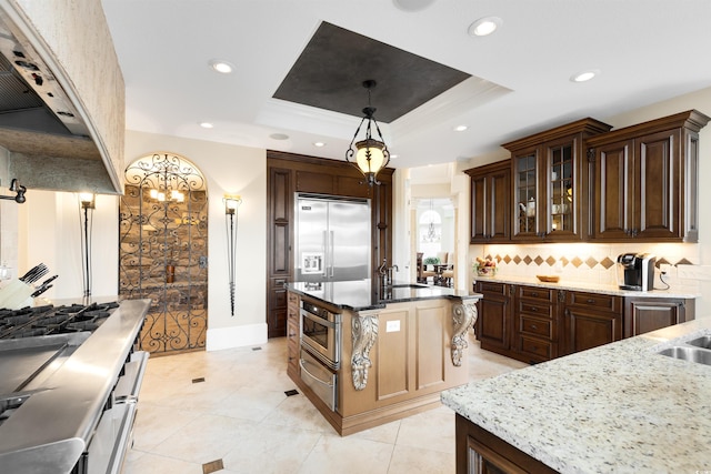 kitchen with a raised ceiling, appliances with stainless steel finishes, a center island, and ventilation hood