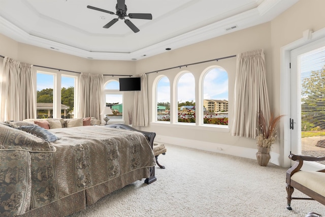 bedroom featuring ceiling fan, a tray ceiling, and carpet floors