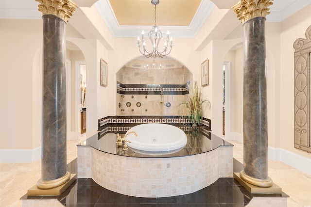 bathroom featuring ornate columns, crown molding, a relaxing tiled tub, and tile patterned flooring