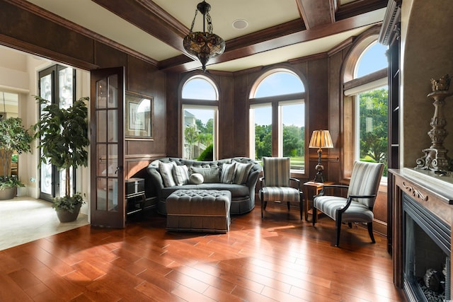 sunroom / solarium with beamed ceiling